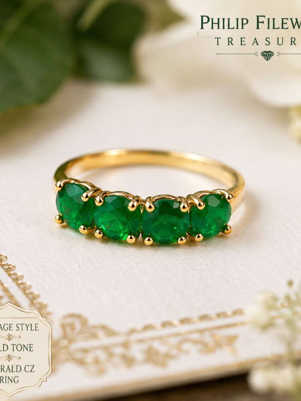 Ring-43--14K Gold 585 Emerald Green CZ Cocktail Ring Size 7